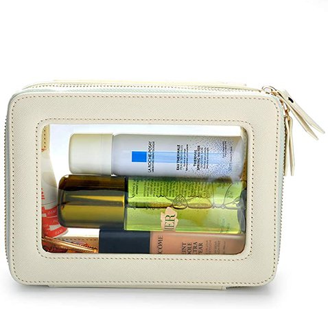 Amazon.com: Clear Makeup Bag, Leather Cosmetic Organizer Case with Around Zipper, Transparent Storage Case for Beauty Essentials (Ivory) : Beauty & Personal Care