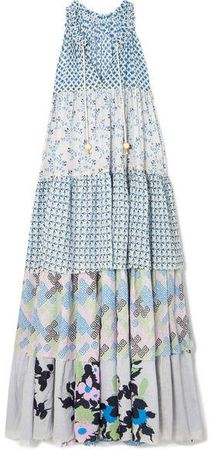 Yvonne S - Hippy Tiered Printed Cotton Maxi Dress - Light blue