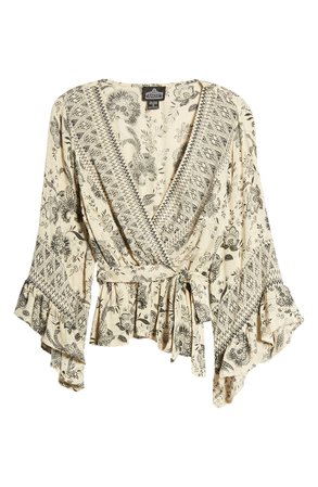 Angie Floral Print Surplice Blouse ivory
