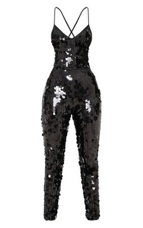 Black Disc Sequin Plunge Jumpsuit | PrettyLittleThing