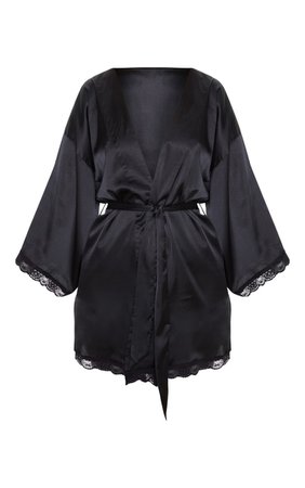 *clipped by @luci-her* Black Lace Trim Satin Robe