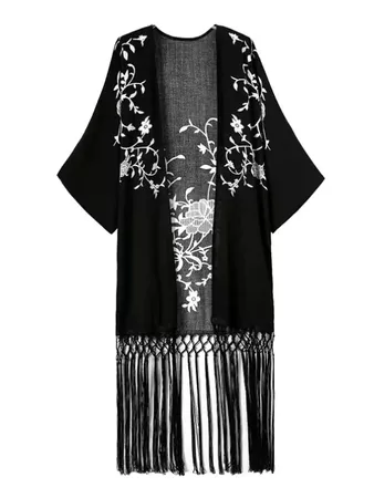 Coverup- White Floral Print Tassel Splicing Kimono - Black USD $24.49 was $30.23 Sold Out m.zaful.com - Buscar con Google