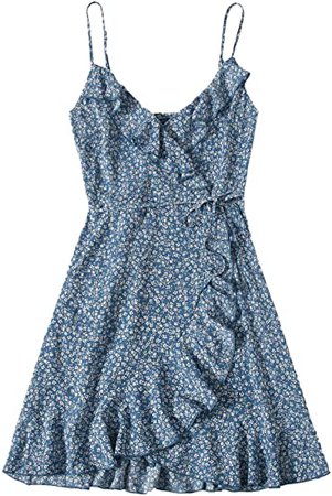 MakeMeChic Women's Summer Ditsy Floral Ruffle Trim Wrap Flowy Short Cami Dress Dusty Blue XS at Amazon Women’s Clothing store