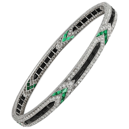 Van Cleef & Arpels, Diamond Emerald Onyx Platinum Art Deco Bangle Bracelet
