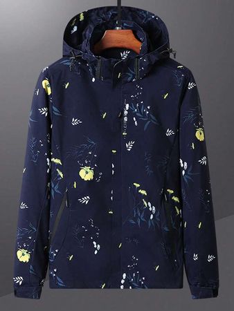 Floral Printed Double-Breasted Hooded Outdoor Sports Windbreaker Jacket | SHEIN