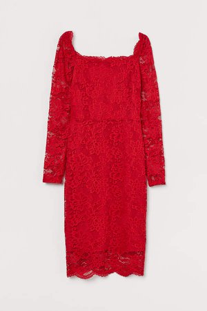 Fitted Lace Dress - Red