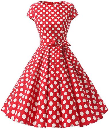 TINTAO Womens 50s Style Polka Dot Cocktail Party Rockabilly Vintage Dress with Cap Sleeve D107 (red dots, S) at Amazon Women’s Clothing store