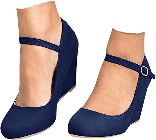 Amazon.com | Coutgo Womens Wedge Shoes Mary Jane Pumps Ankle Strap High Heel Round Toe Office Work Dress Shoes Deep Blue | Pumps