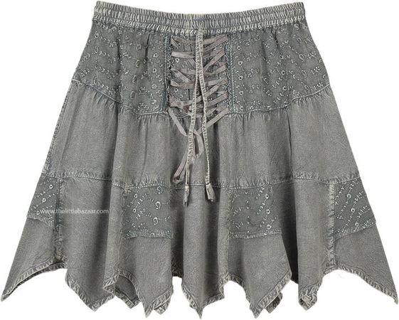 Saddle Up Steel Grey Mini Skirt with Tiers and Tie Up Lace | Short-Skirts | Grey | Patchwork, Lace, Junior-Petite, Misses, Handkerchief, Solid,Western-Skirts