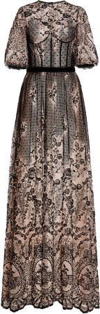 Costarellos Antha Embroidered Flocked Tulle Bustier Maxi Dress