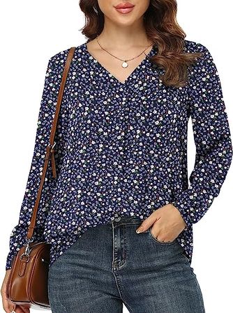 Jouica Blouses for Women Casual Chiffon Blouse Tops Loose V Neck Long Sleeve Blouse at Amazon Women’s Clothing store