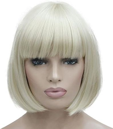 Lydell 8" Straight Short Bob Hair Flat Bangs Cute Central Dot Skin Top Heat Resistant Synthetic Wigs Pale Blonde : Amazon.co.uk: Beauty