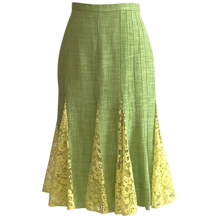 Dolce and Gabbana Lime Green Flared Pencil Skirt with Yellow Lace Accents For Sale at 1stDibs