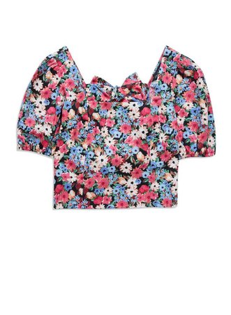 Multi Colour Puff Sleeve 80's Floral Bow Back Top | Miss Selfridge