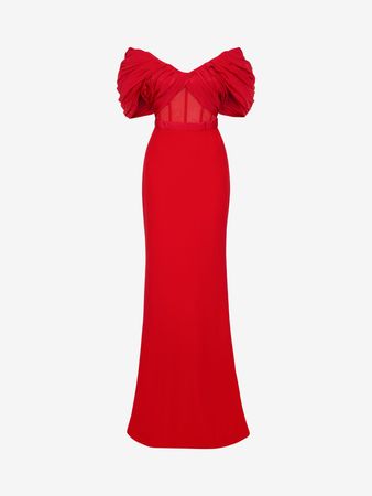 Off-the-shoulder evening dress in LUST RED | Alexander McQueen GB