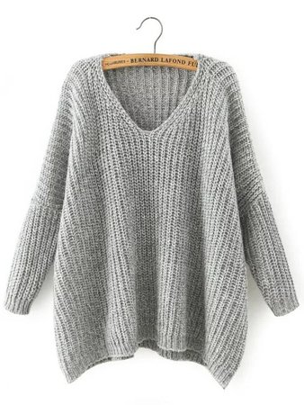 Light Grey V Neck Batwing Sleeve Loose Sweater