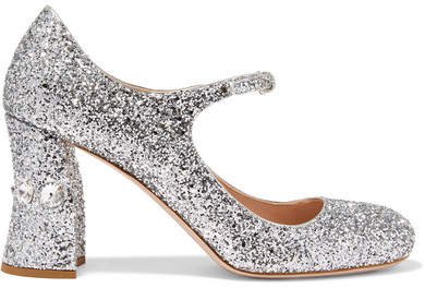 Crystal-embellished Glittered-leather Mary Jane Pumps - Silver