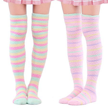 LittleForBig Cute Coral Fleece Thigh High Long Striped Socks 2 Pairs: Amazon.co.uk: Clothing