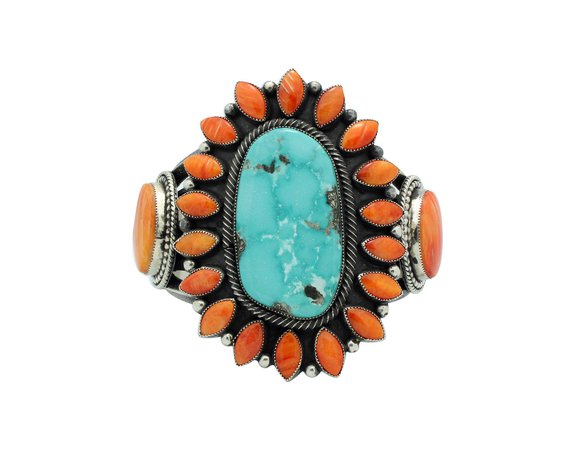 Hemerson Brown Navajo Handmade Kingman Turquoise And Orange Spiny Oyster Shell Bracelet