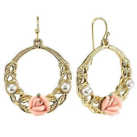 1928 Jewelry Gold Tone Pink Porcelain Rose with Costume Pearl Front Face Hoop Earrings