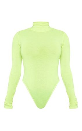 Neon Yellow Fine Knit Roll Neck Bodysuit | PrettyLittleThing