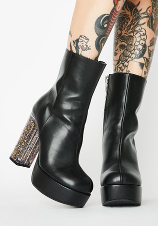 Horoscopez Aquarius Black Platform Ankle Boots Holo Glitter Block Heel | Dolls Kill