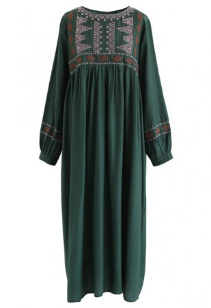 Embroidered Sleeves Boho Midi Dress in Green - NEW ARRIVALS - Retro, Indie and Unique Fashion