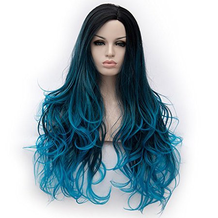 Alacos Synthetic 75CM Long Curly Rainbow Color Ombre Halloween Costumes Cosplay Harajuku Wigs for Women Lady Girl +Free Wig Cap (Deep Blue Ombre)