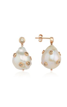 14k Rose Gold Pearl, Diamond Earrings By Charms Company | Moda Operandi