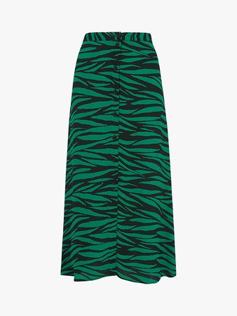 Whistles Tiger Print Button Midi Skirt, Green/Multi at John Lewis & Partners