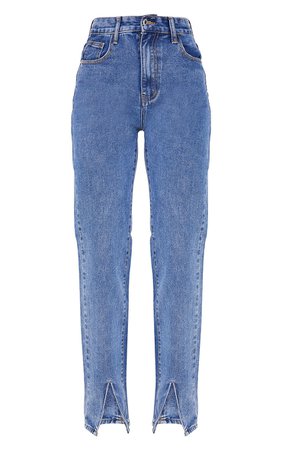 Mid Blue Wash Front Split Long Leg Straight Jeans | PrettyLittleThing USA