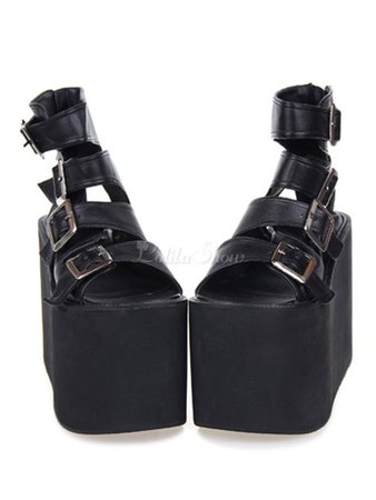 Gothic Lolita Sandal Metallic Buckle Platform PU Black Lolita Footwear - Lolitashow.com
