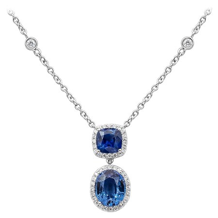 Roman Malakov Blue Sapphire and Diamond Halo Drop Pendant Necklace For Sale at 1stDibs