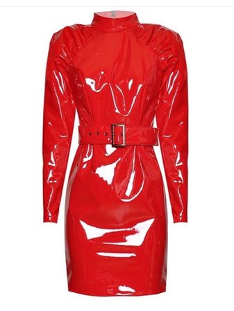 Red Leather Turtleneck Dress With Belt