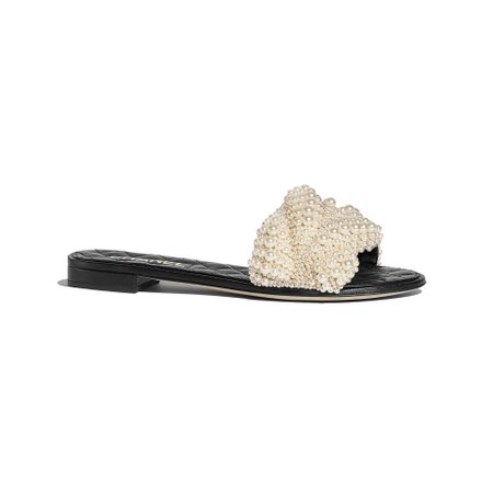 Pearls & Fabric Ivory & Black Mules | CHANEL