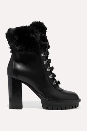 100 Faux Fur-trimmed Leather Platform Ankle Boots - Black