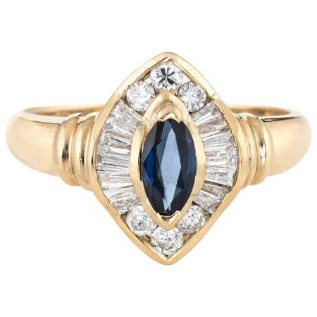 Marquise Sapphire Diamond Ring Vintage 14 Karat Yellow Gold Estate Fine Jewelry For Sale at 1stDibs