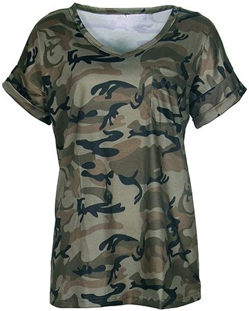 Smile Fish Women Camouflage Print V-Neck Casual Plain Lounge T-Shirt Basic Short Sleeve Tops Green, XL at Amazon Women’s Clothing store