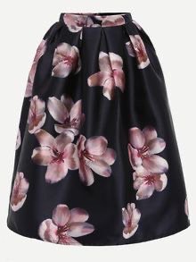 Flower Print Box Pleated Midi Skirt - Black