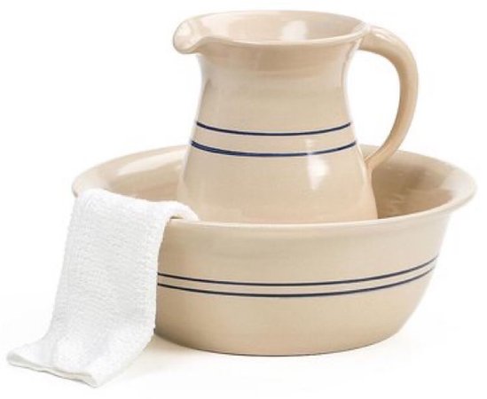 ceramic wash basin and pitcher with towel