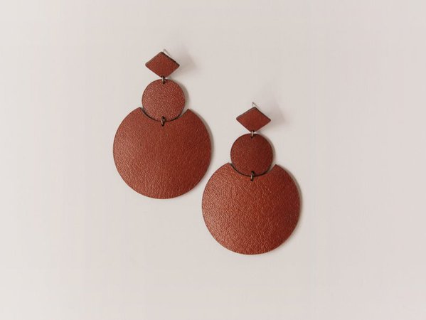 Brown leather geometric drop earrings Large brown earrings | Etsy