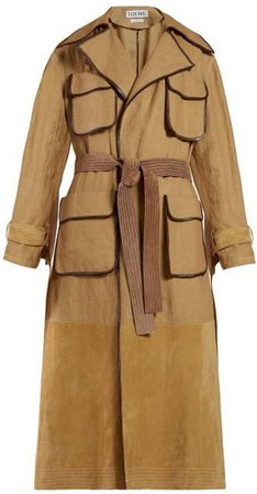 Belted Cotton Canvas And Suede Trench - Womens - Beige