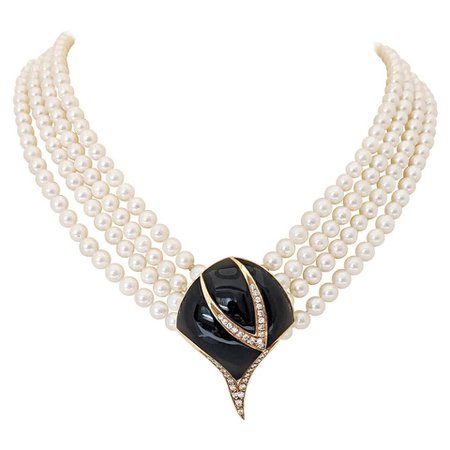 Retro Multi Strand Pearl Necklace with Black Onyx and .38 Carat Diamond Clasp For Sale at 1stDibs