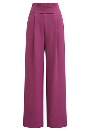 Pleated Waist Straight-Leg Pants in Berry - Retro, Indie and Unique Fashion