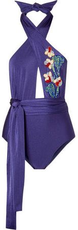Embellished Halterneck Swimsuit - Navy