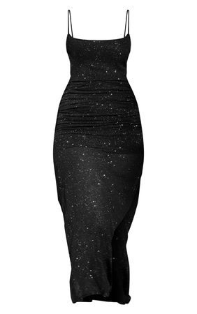 Black Glitter Chiffon Ruched Strappy Maxi Dress | PrettyLittleThing USA
