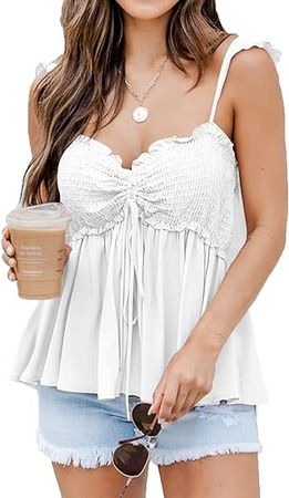 Poetsky Womens Summer Frill Smocked Ruffle Tank Tops Cute Babydoll Peplum Sleeveless Cami Shirts at Amazon Women’s Clothing store
