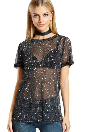 WDIRARA Women's Glitter Sheer See Through Short Sleeve Mesh Top Tee Blouse Black L at Amazon Women’s Clothing store