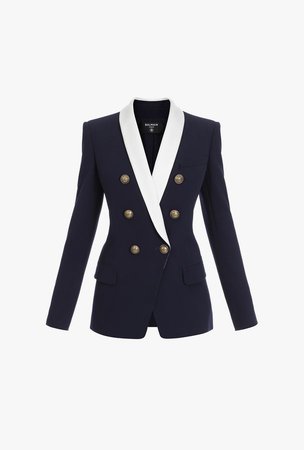 Navy Blue And White Knit Blazer With Gold Tone Double Breasted Fastening for Women - Balmain.com