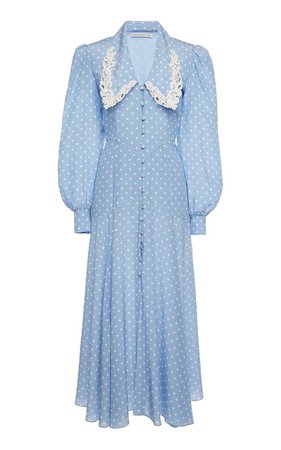 Lace-Trimmed Polka-Dot Silk Midi Dress